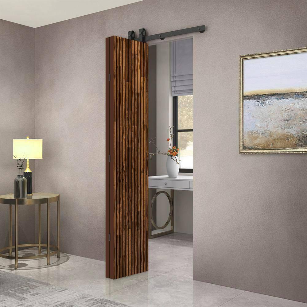 Calhome Japanese Series Stained Pine Wood Bi-Fold Barn Door with Sliding Hardware Kit