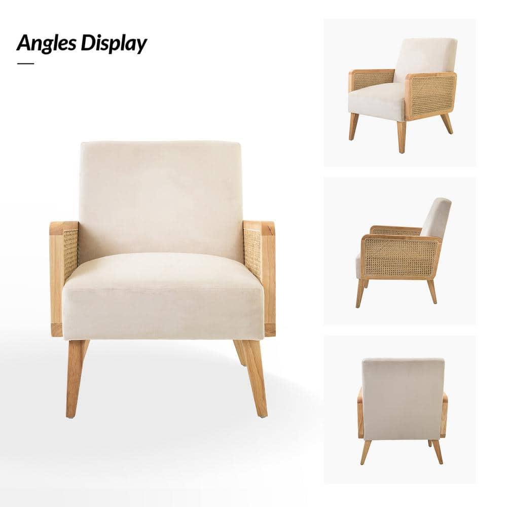 Midcentury Accent Chair Set of 2 Rattan Armrests Fabric Upholstered Wooden Reading Armchair Living Bedroom Beige