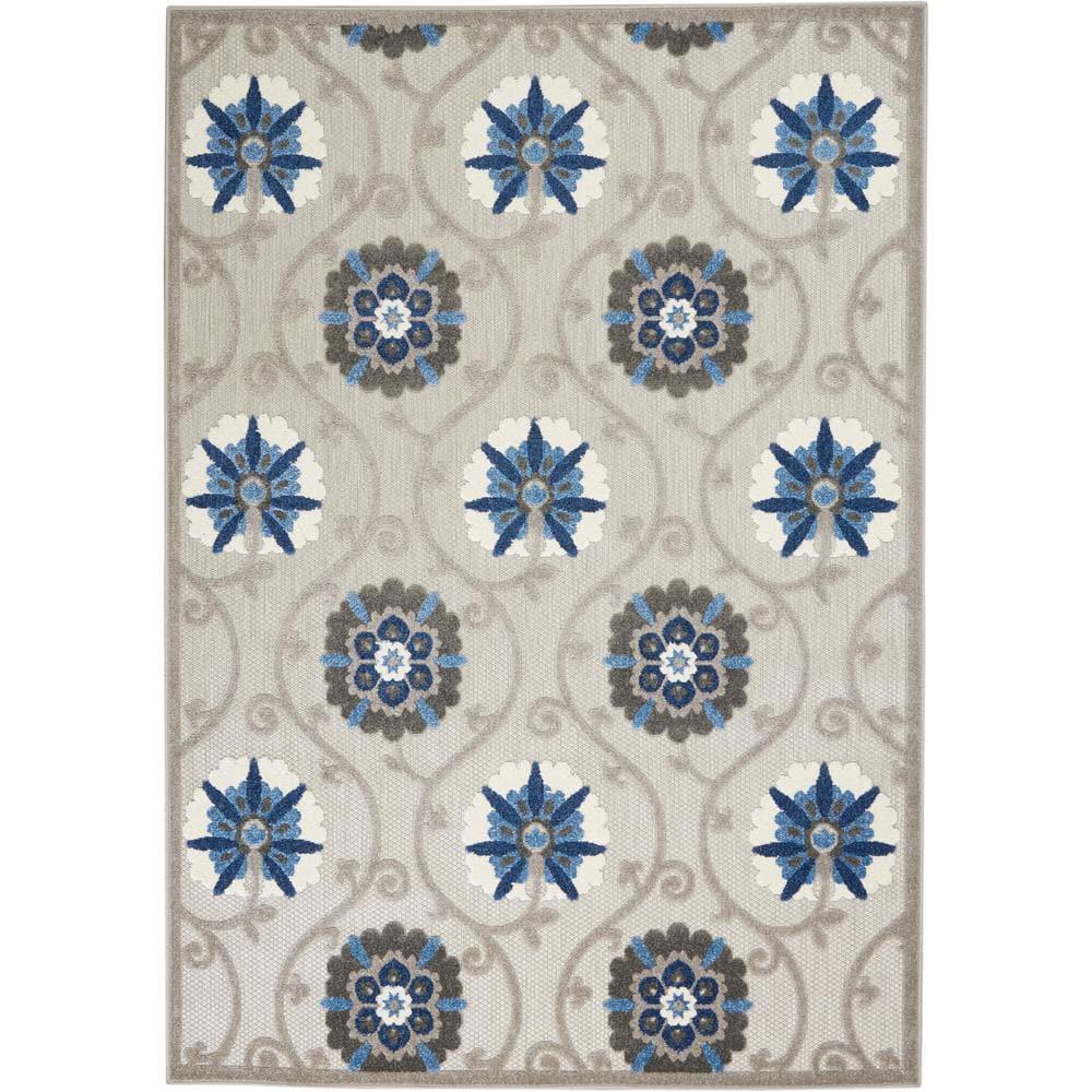 Nourison Aloha Contemporary Floral Flatweave High-Low Indoor Outdoor Area Rug Grey/Blue 3'6" x 5'6"