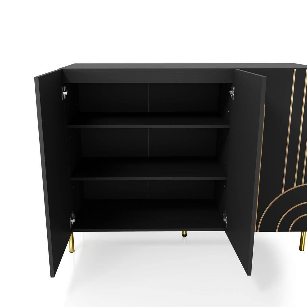 24/7 Shop At Home Touchsoft Glam 4 Shelf Sideboard Buffet with Adjustable Shelves Black: Modern Storage Credenza, Metal Frame