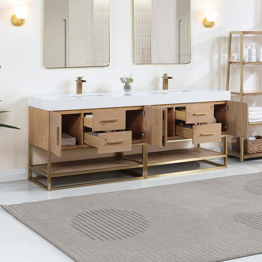 Bianco 84" Wood Vanity in Light Brown with  Composite Stone Top without Mirror