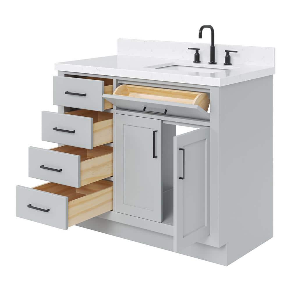 Wildon Home® Tidworth 42'' Solid Wood Single Bathroom Vanity with 1.5'' White Quartz Top, Right Offset Rectangular Sink
