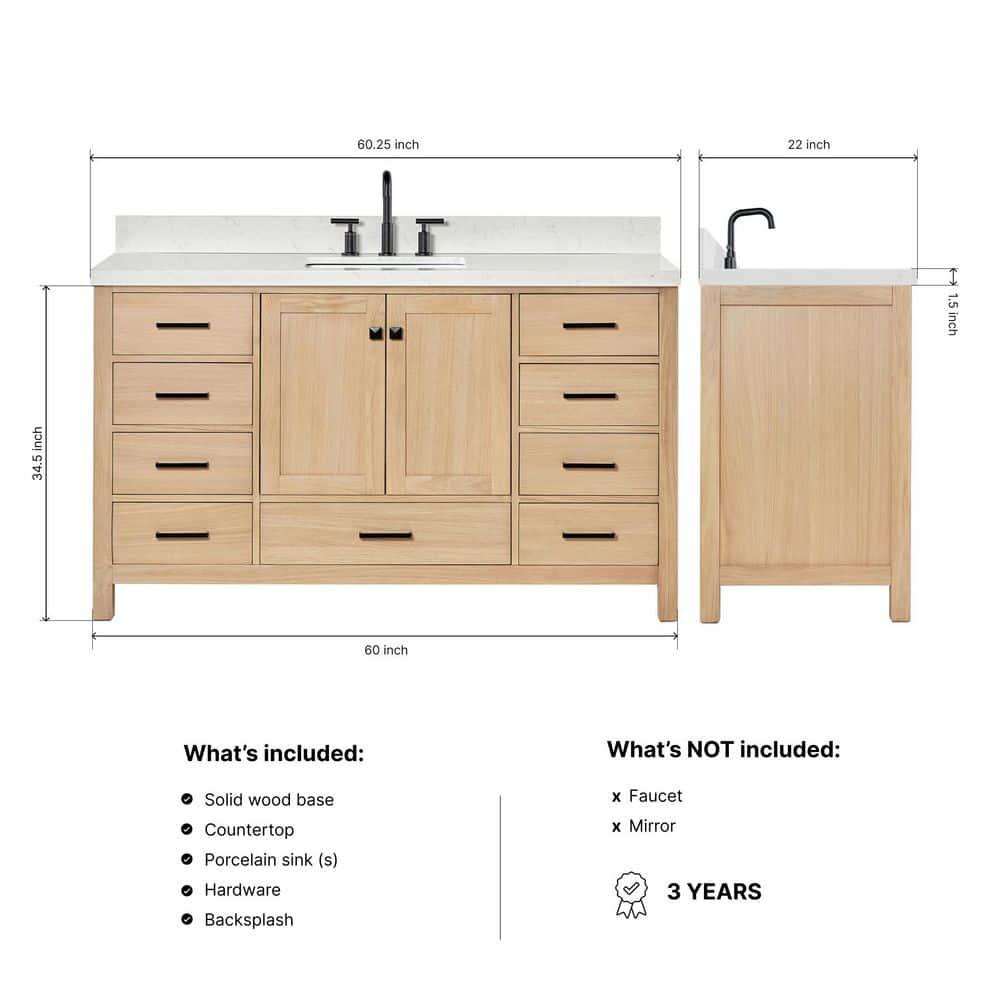 ARIEL Cambridge 60.25 Single Sink Bathroom Vanity with Carrara White Quartz Top