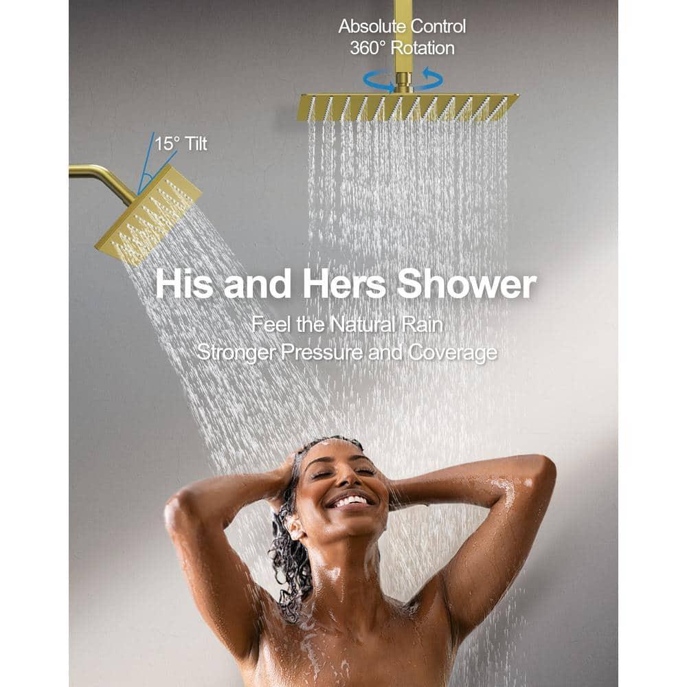 GRANDJOY Dual Wall Mount Rainfall Shower Head System Adjustable 12 inch & 6 inch Shower Faucet Set with Handheld Shower Spray Thermostatic Pressure Balance Value, Brushed Gold