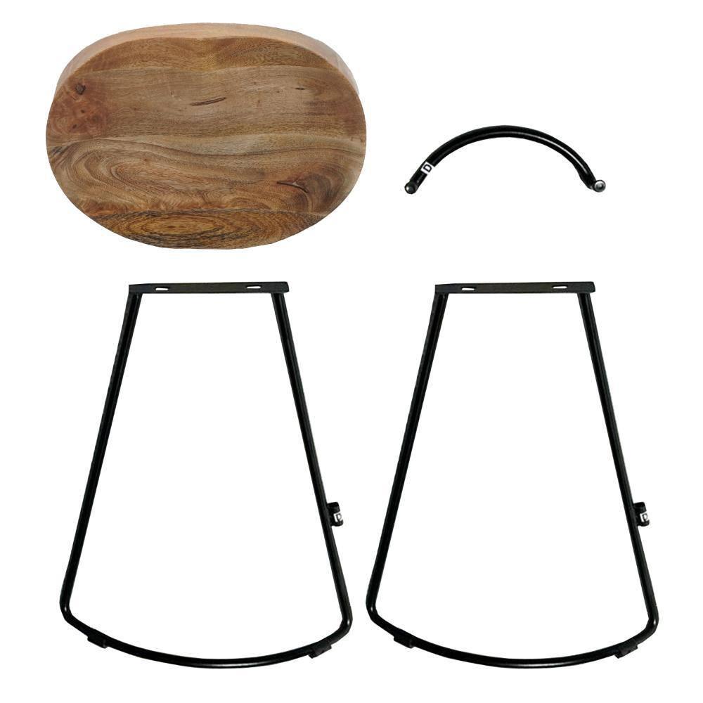 The Urban Port 24 Inch Mango Wood Industrial Counter Height Stool, Saddle Seat, Iron, Set of 2, Brown, Black