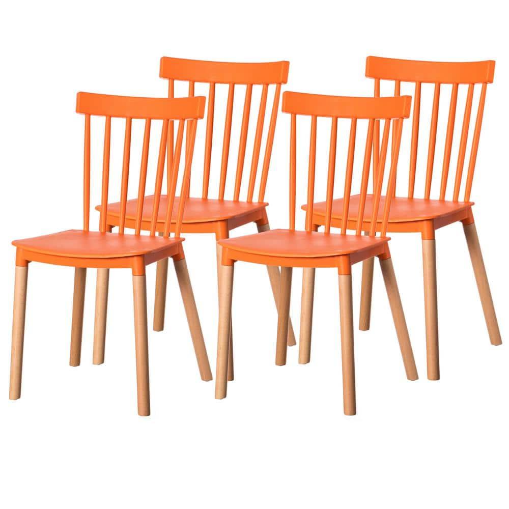 Fabulaxe Plastic Dining Chair Windsor Design with Beech Wood Legs, Orange Set of 4