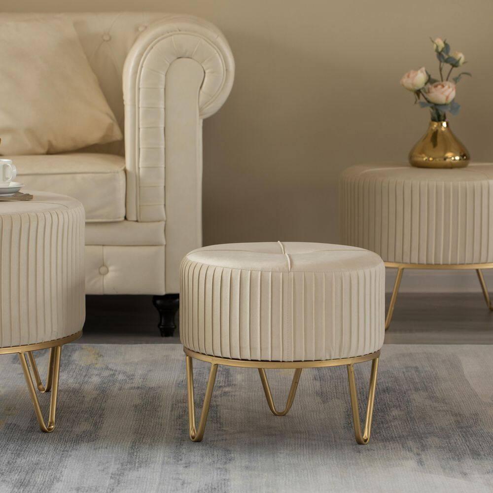 Fabulaxe Round Velvet Ottoman Stool Raised with Hairpin Gold Base, Cream, Small