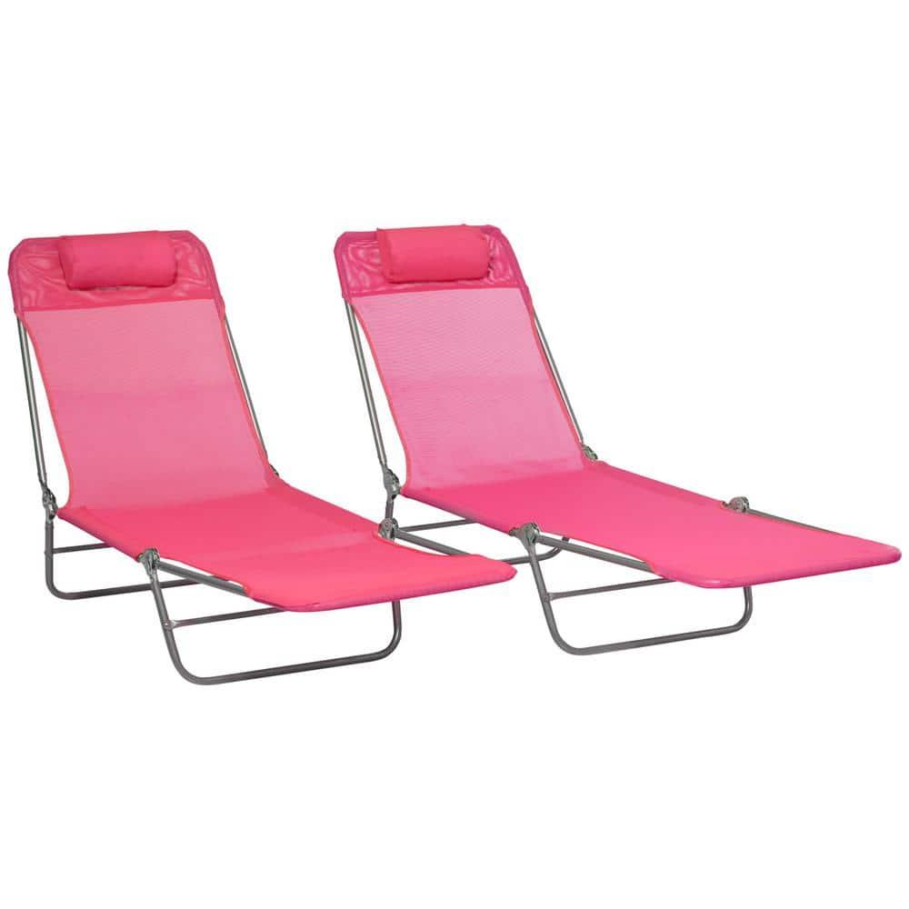 Outsunny Folding Chaise Lounge Pool Chairs, Set of 2 Outdoor Sun Tanning Chairs with Pillow, Five-Position Reclining Back for Beach, Pink