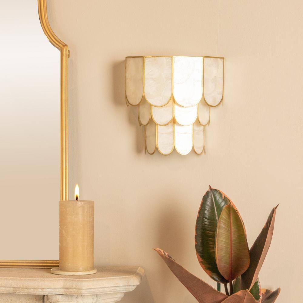 Storied Home 4-Tier Capiz and Metal Wall Sconce: ETL & UL Listed, 1-Way On Off, No Battery Required