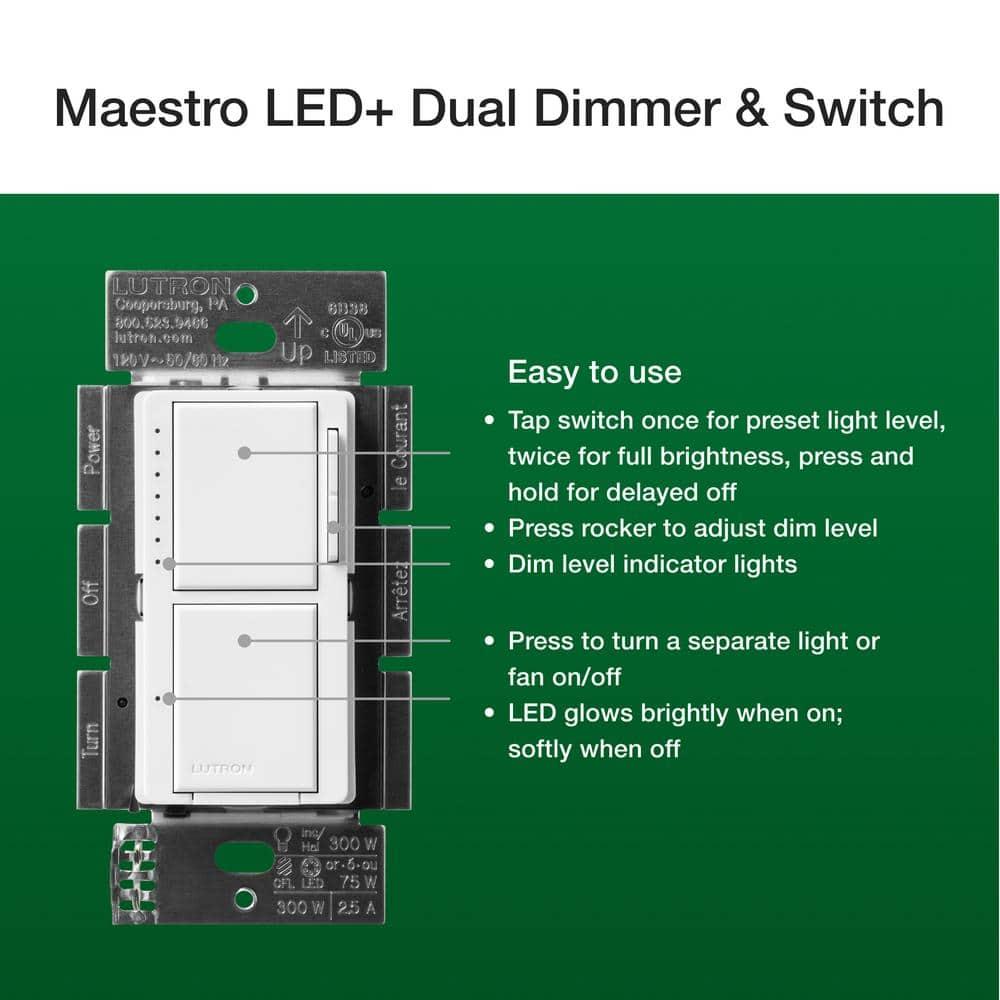 Lutron Maestro LED+ Dual Dimmer and Switch for 75-Watt LED Bulbs/2.5A Fans, Single Pole, White