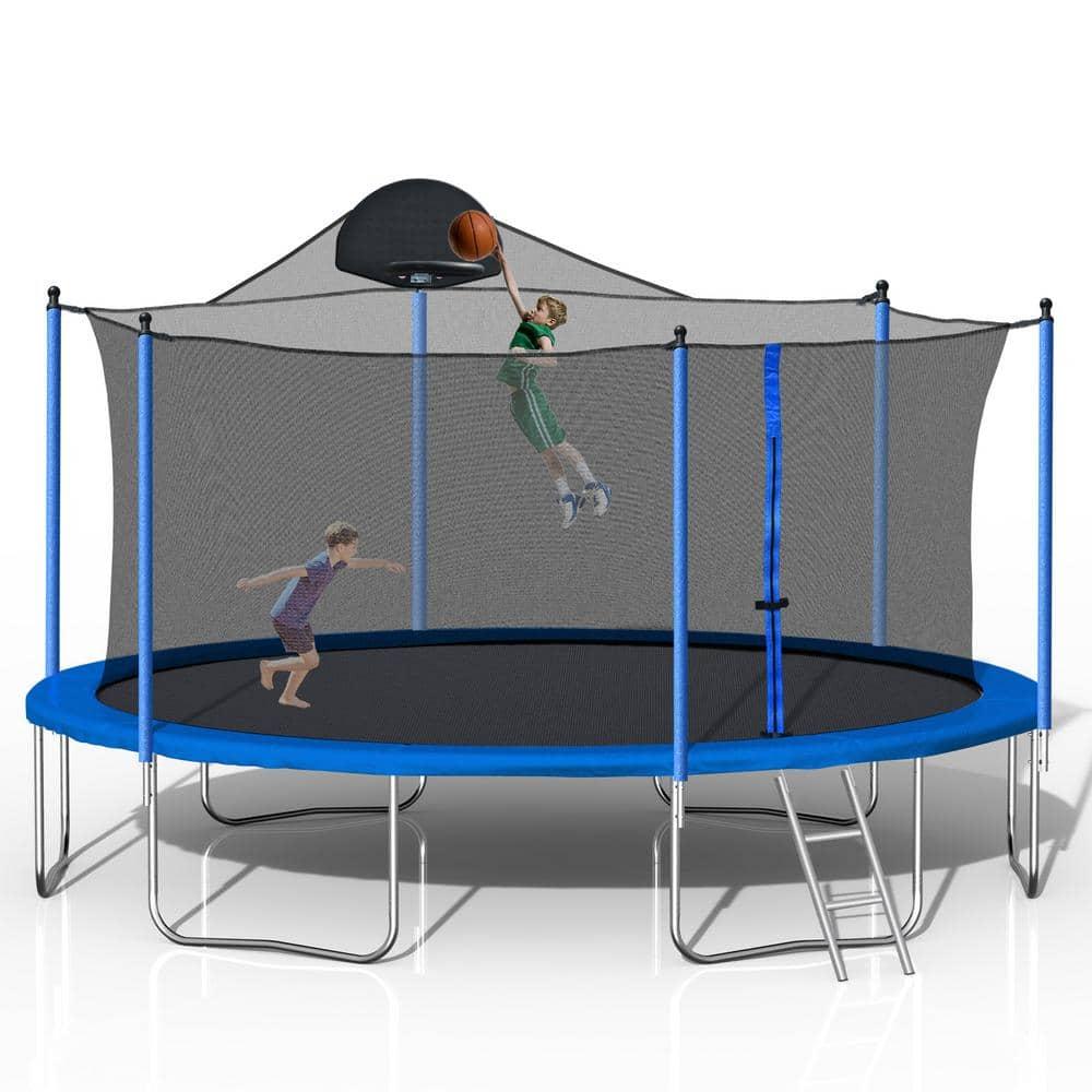 14 ft Round Blue Trampoline with Safety Enclosure and Basketball Hoop