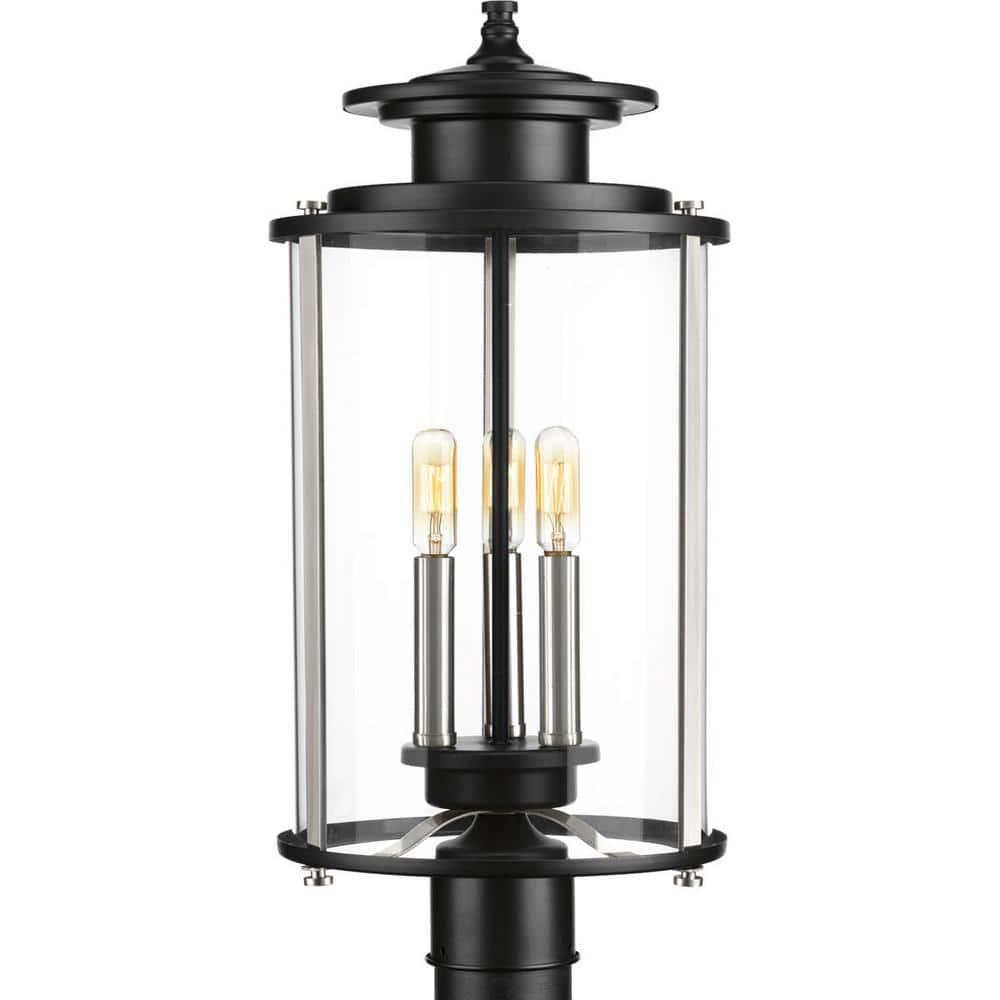 Progress Lighting, Squire Collection, 3-Light Post Lantern, Black Finish, Clear Glass Shade