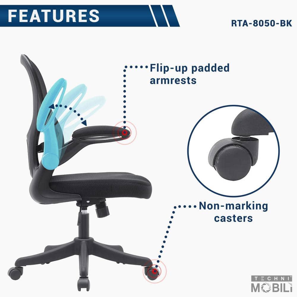 Techni Mobili Mesh Task Office Chair with Flip Up Arms Black - Techni Mobili: Ergonomic, Adjustable, Swivel, Nylon Frame