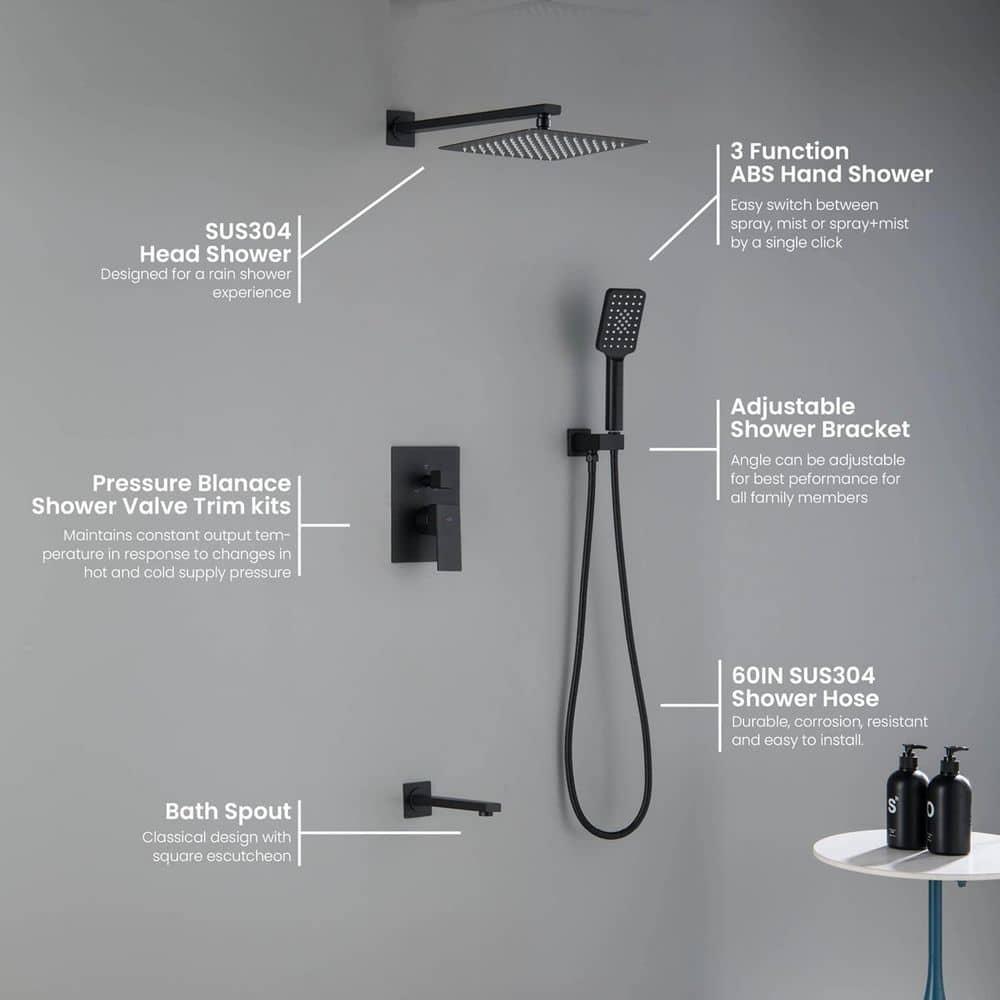 Kibi USA Cube Pressure Balanced 3-Function Shower System with Rough-In Valve Matte Black Matte