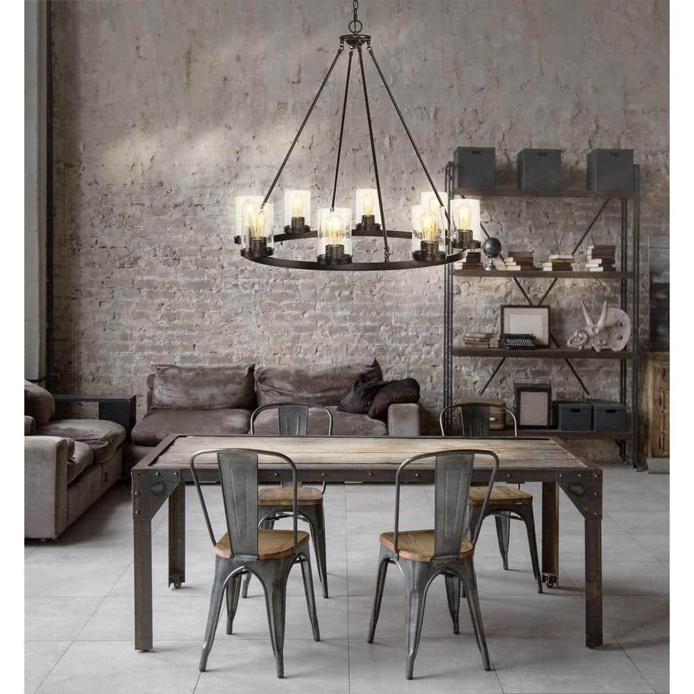 JONATHAN Y JYL7554A Coronet 33.5" 8-Light Iron/Seeded Glass Rustic Farmhouse Round LED Chandelier, Industrial, Vintage for living room, dinning room, bedroom Bulb Included, Oil Rubbed Bronze