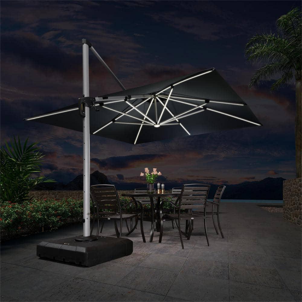 PURPLE LEAF 11FT Square Double Top Deluxe Solar Powered LED Patio Umbrella Outdoor Cantilever Umbrella, Gray