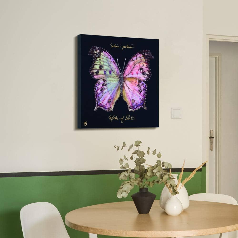 "Pink Monarch Elegance" Crystallus Epoxy Coated Wrapped Glossy Butterfly Canvas Wall Art with Heavy Acrylic Crystal Shards Embellishments