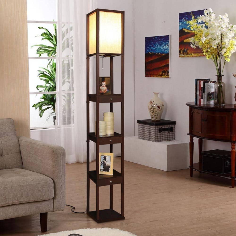 Maxwell 72 in. Havana Brown Traditional 1-Light LED Energy Efficient 3-Drawer Floor Lamp with Beige Fabric Square Shade