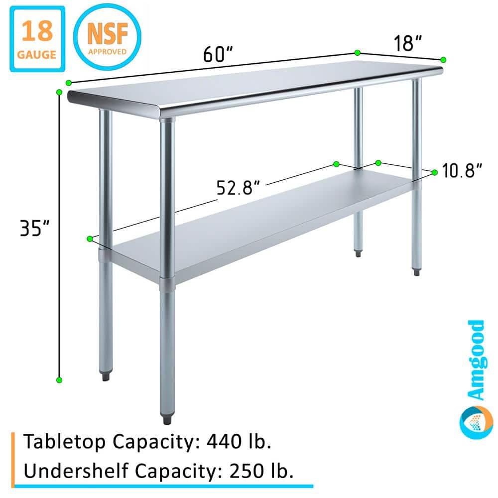 Amgood Stainless Steel Work Table with Undershelf. Metal Prep Table. NSF - Certified