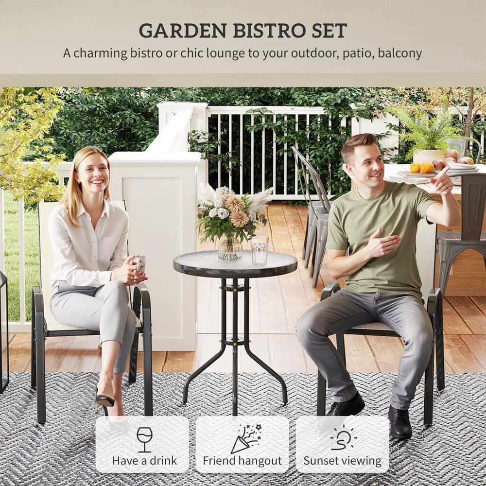 Outsunny 3 Pieces Outdoor Bistro Set, Patio Furniture with Stackable Chairs and Glass Table, High Back Small Patio Set for Balcony, Porch, Beige