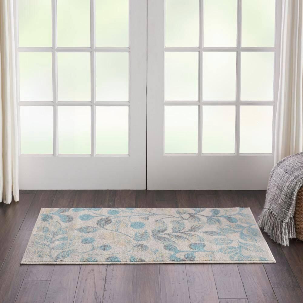 Nourison Tranquil 2' X 4' Ivory/Turquoise Area Rug Contemporary Botanical Vine and Bloom by Nourison