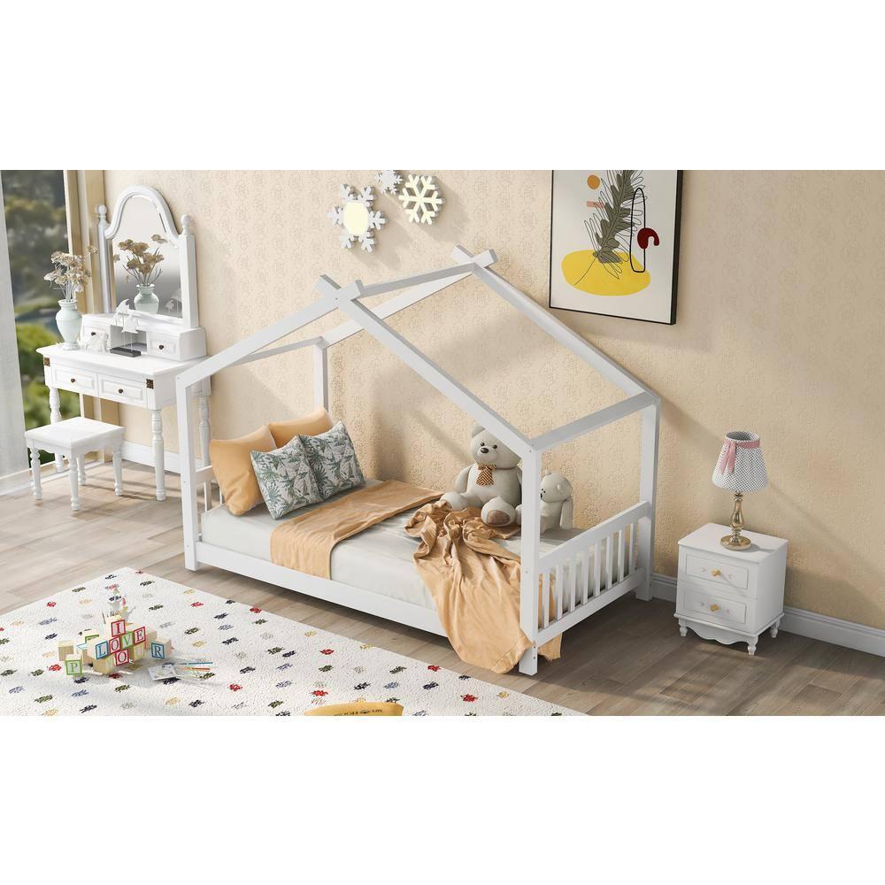 Harper & Bright Designs Twin House Bed for Kids, Floor Frame With Headboard and Footboard, Wooden Montessori Bed for Girls, Boys, White