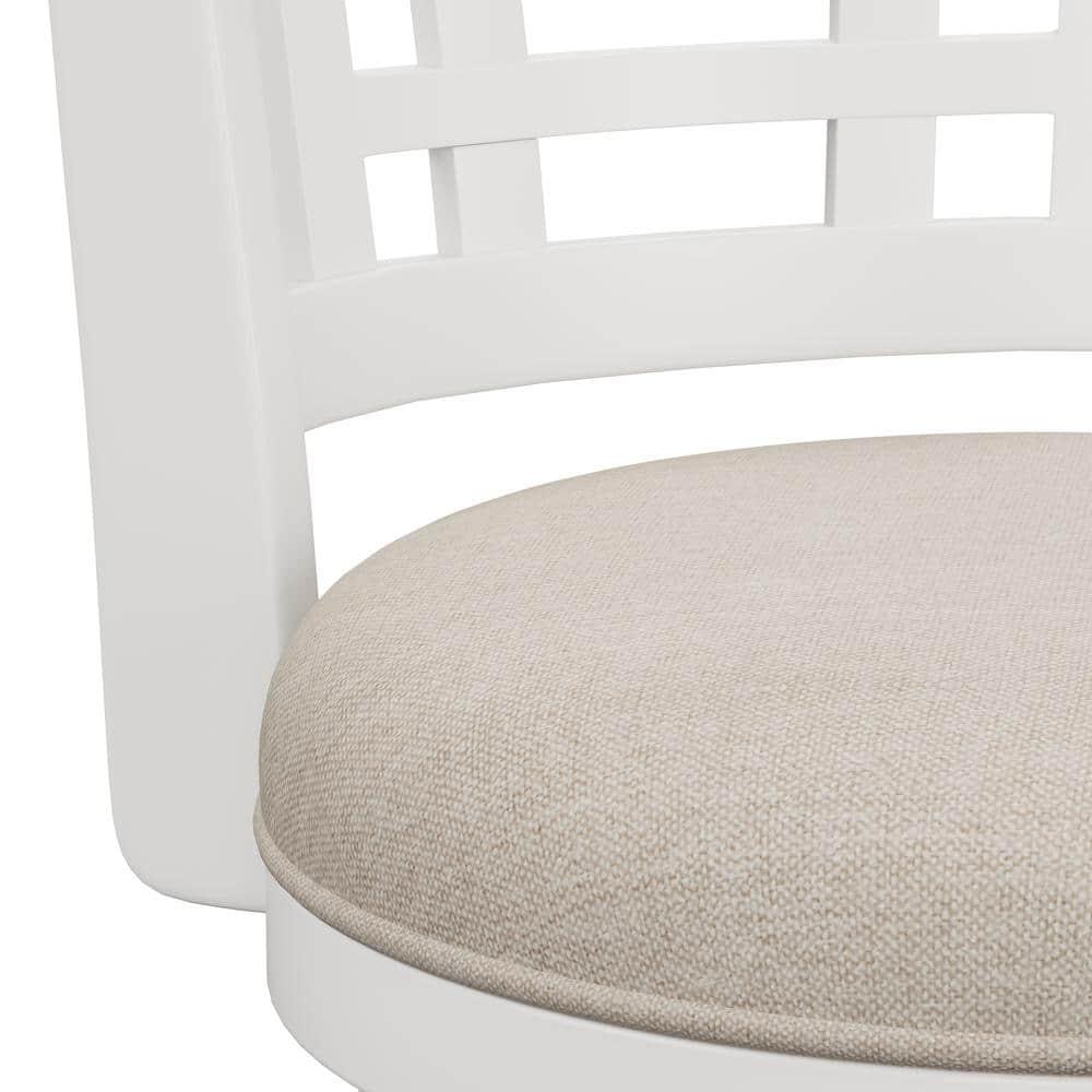 Elegant White Swivel Bar Stool with Beige Fabric Seat and Wood Accents