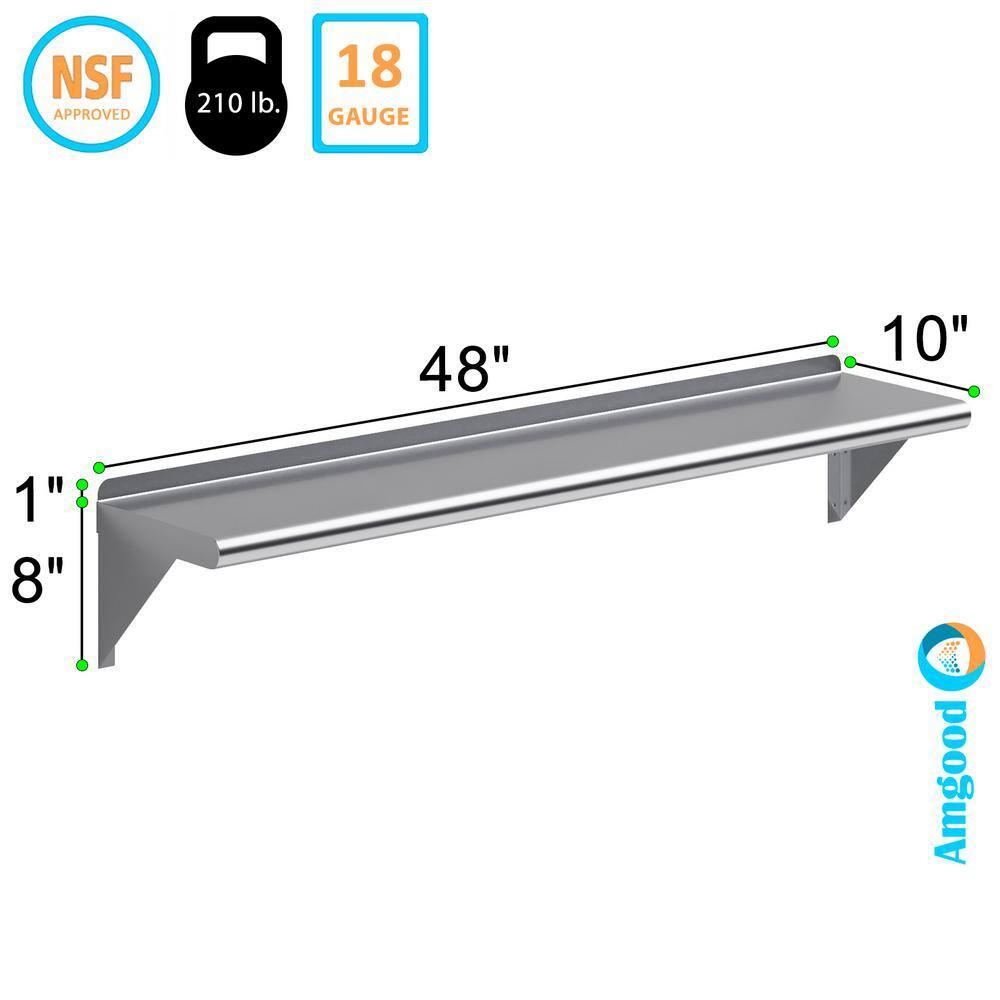AmGood 10 in. x 48 in. Stainless Steel Wall Shelf | NSF Certified | Appliance & Equipment Metal Shelving | Kitchen, Restaurant, Garage, Laundry, Utility Room