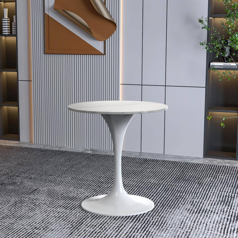 LeisureMod Verve 27" Round Dining Table - Sintered Stone Top with Modern White Pedestal Base Accent Side Table for for Kitchen and Home