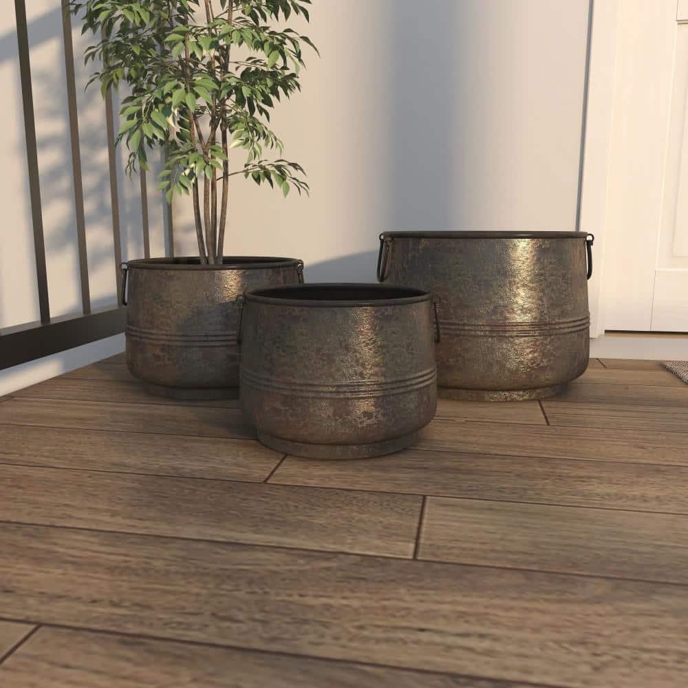 Gracie Oaks Cowden 3 Piece Metal Distressed Bucket Style Indoor Outdoor Bronze Planter with Side Ring Handles Set