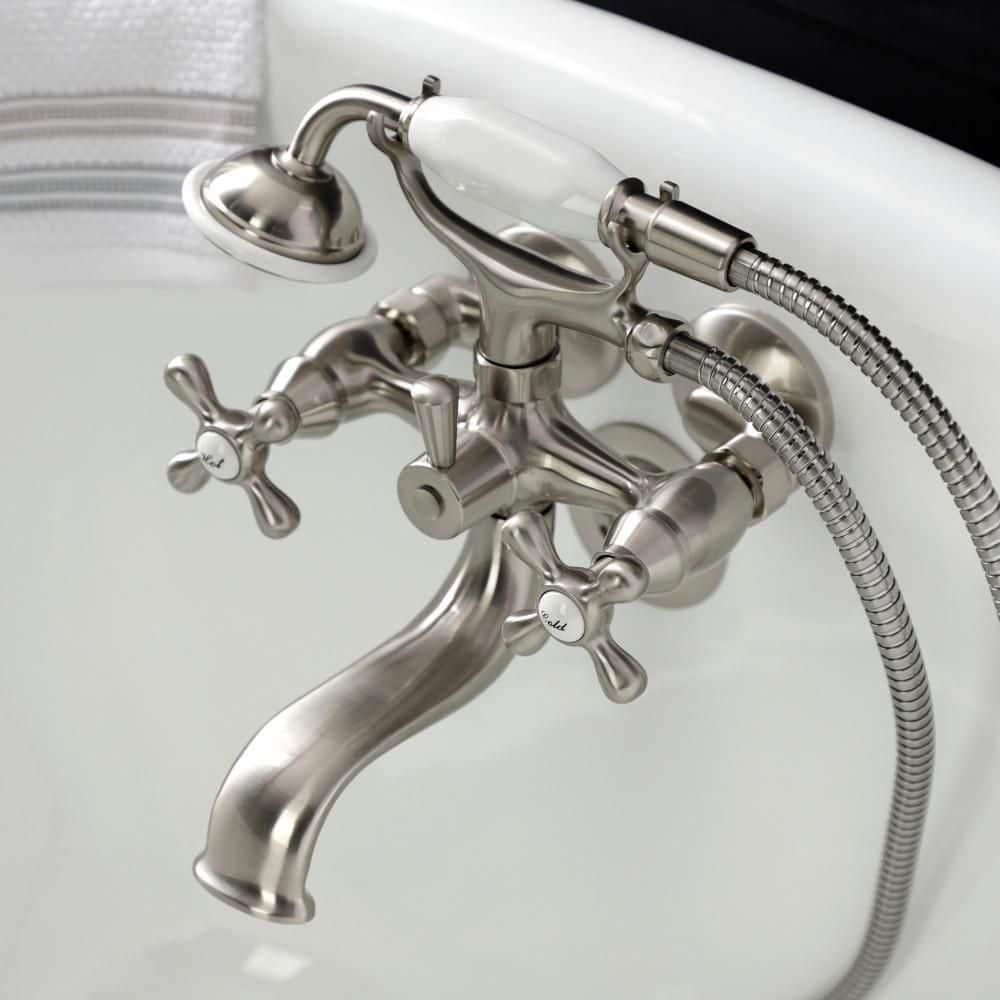 Kingston Brass Kingston Three-Handle 2-Hole Tub Wall Mount Clawfoot Tub Faucet with Handshower