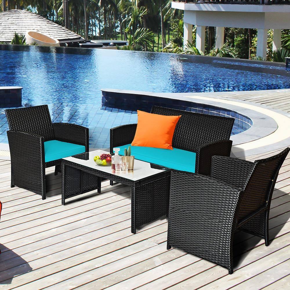 Resenkos 4 Pieces Patio Rattan Furniture Set, Outdoor Patio Furniture Set with Weather Resistant Cushions and Tempered Glass Tabletop-Turquoise
