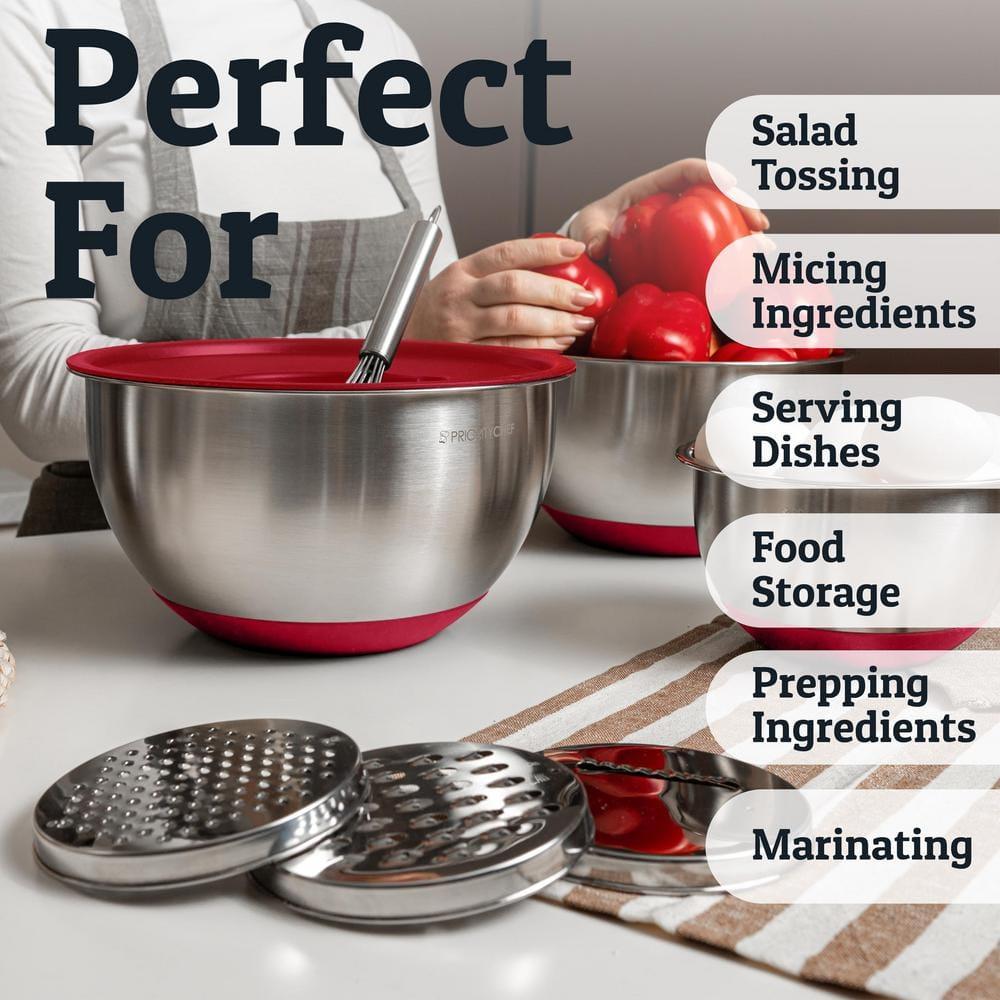 Mixing Bowls with Lids Set - Nesting Bowls with Airtight Lids + Graters - Stainless Steel Non-Slip Mixing Bowl for Baking, (Red, 5-Piece Set)