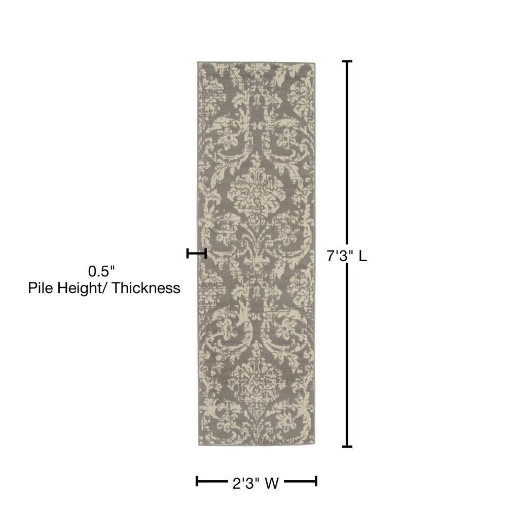 Nourison Jubilant 2'3" x 7'3" (7' Runner) Grey Area Rug Farmhouse Vintage Damask by Nourison