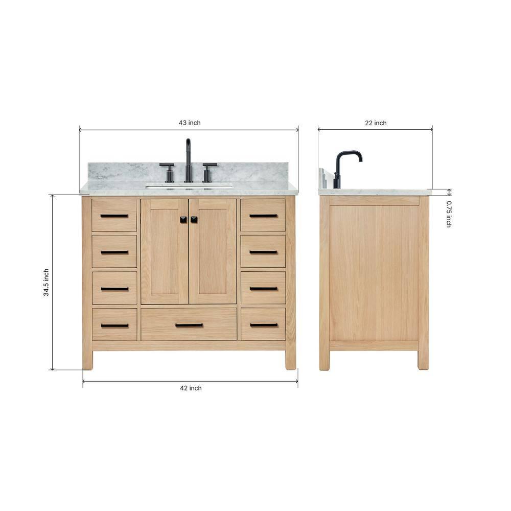 Ariel Cambridge 43 Inch Bathroom Vanity With Italian Carrara Marble Countertop 0.75 inch In Oak