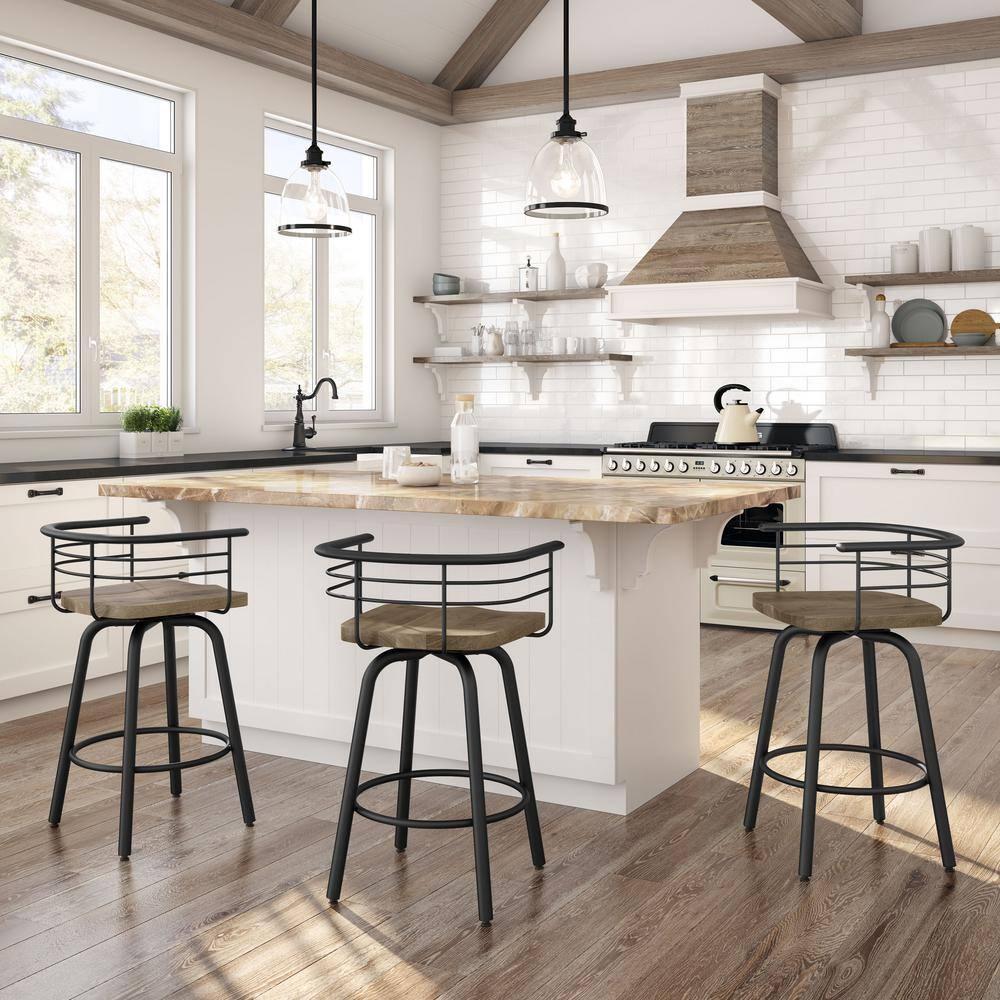 Amisco Brisk 30 In. Swivel Bar Stool - Beige Distressed Wood / Black Metal