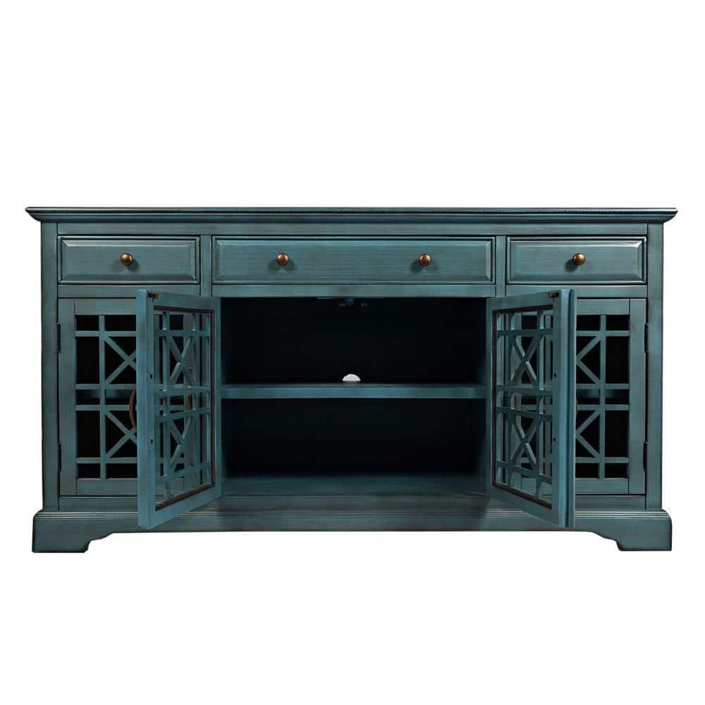 Benzara Koi 60 Inch Acacia Wood TV Media Entertainment Center Console, 4 Glass Doors, Crossed Wood Design, Antique Blue-Finish:Antique Turquoise