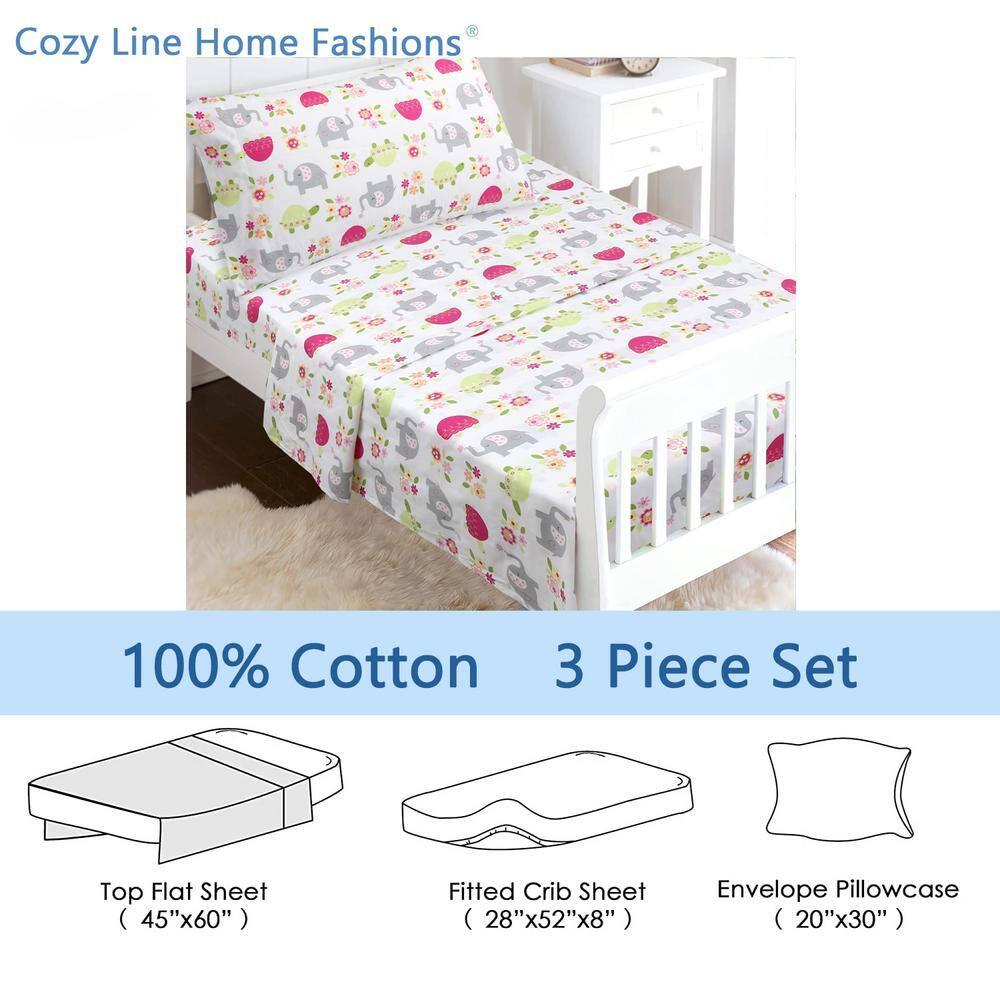 Sweet Floral Friends Baby Elephant Turtle 3 Piece White Pink Grey Cotton Toddler Sheet Set