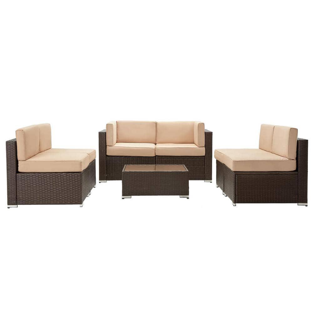 U-MAX 7 Piece Outdoor Patio Furniture Set, PE Rattan Wicker Sofa Set, Outdoor Sectional Furniture Chair Set with Cushions and Tea Table, Brown
