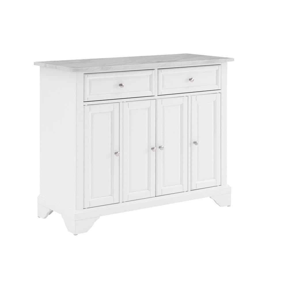 Avery Kitchen Island/Cart Distressed White/White Marble - Crosley: Adjustable Shelves, Particle Board Frame, 6 Shelves, 2 Drawers