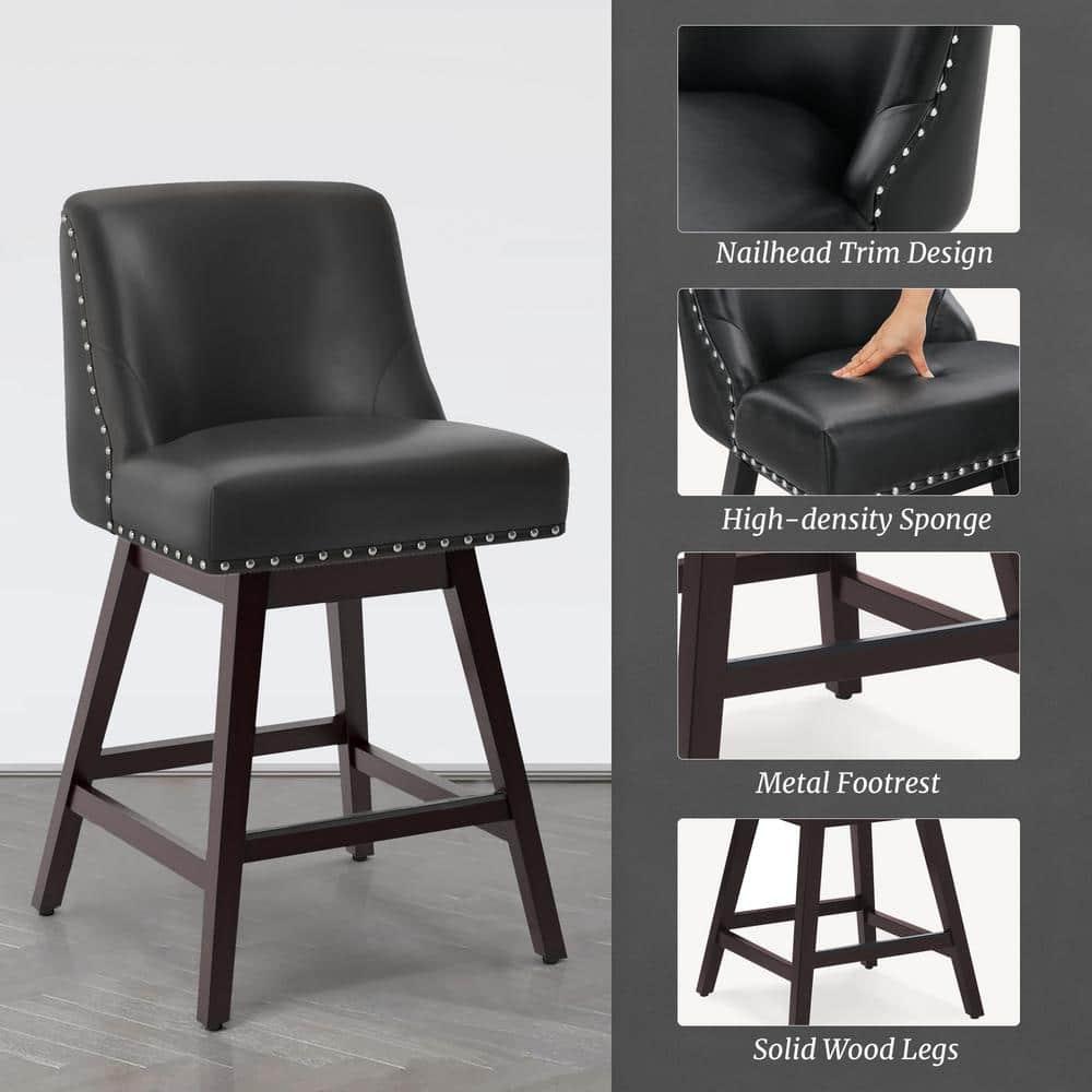 Dycanpo 26''H Swivel Counter Stools Set of 2 with Back Faux Leather for Home Kitchen Island, Black