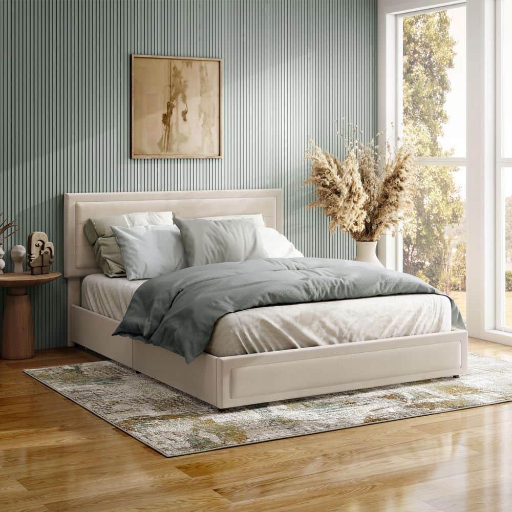Furniture of America Zorva Queen Platform Bed with Storage Drawers, Ivory