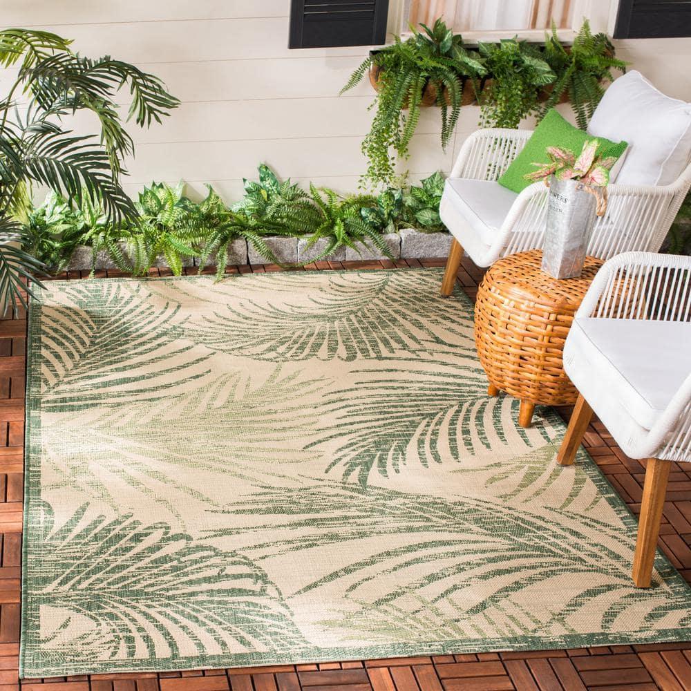 SAFAVIEH Courtyard Padic Botanical Indoor/Outdoor Area Rug, Beige/Green, 9' x 12'