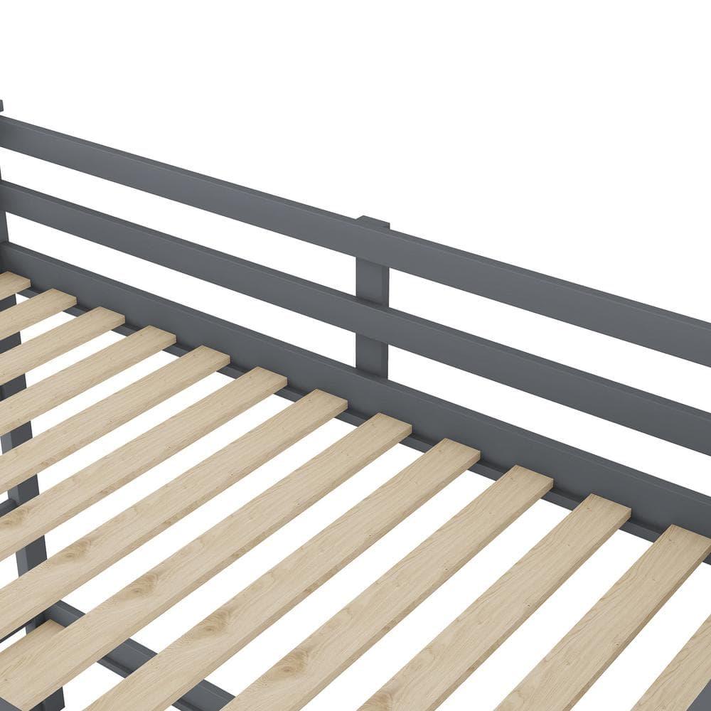 Gray Twin Over Twin Pine Wood Bunk Bed with Trundle and Storage Stairs