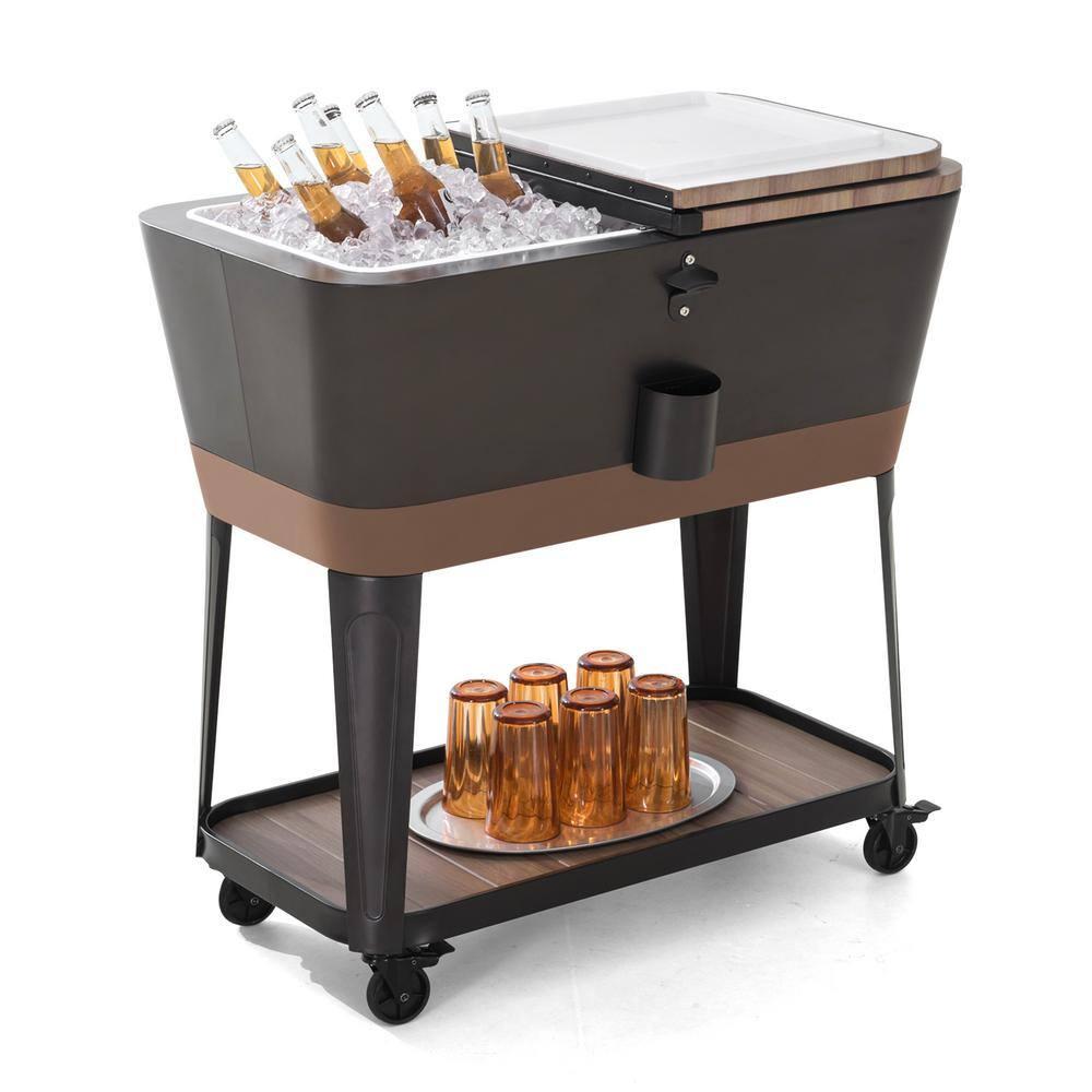 Sunjoy Durant 80-Quart Wood Grain Finish Metal Rolling Ice Chest Cooler Cart with Storage Shelf, Steel Bottle Opener, and Lockable Wheels