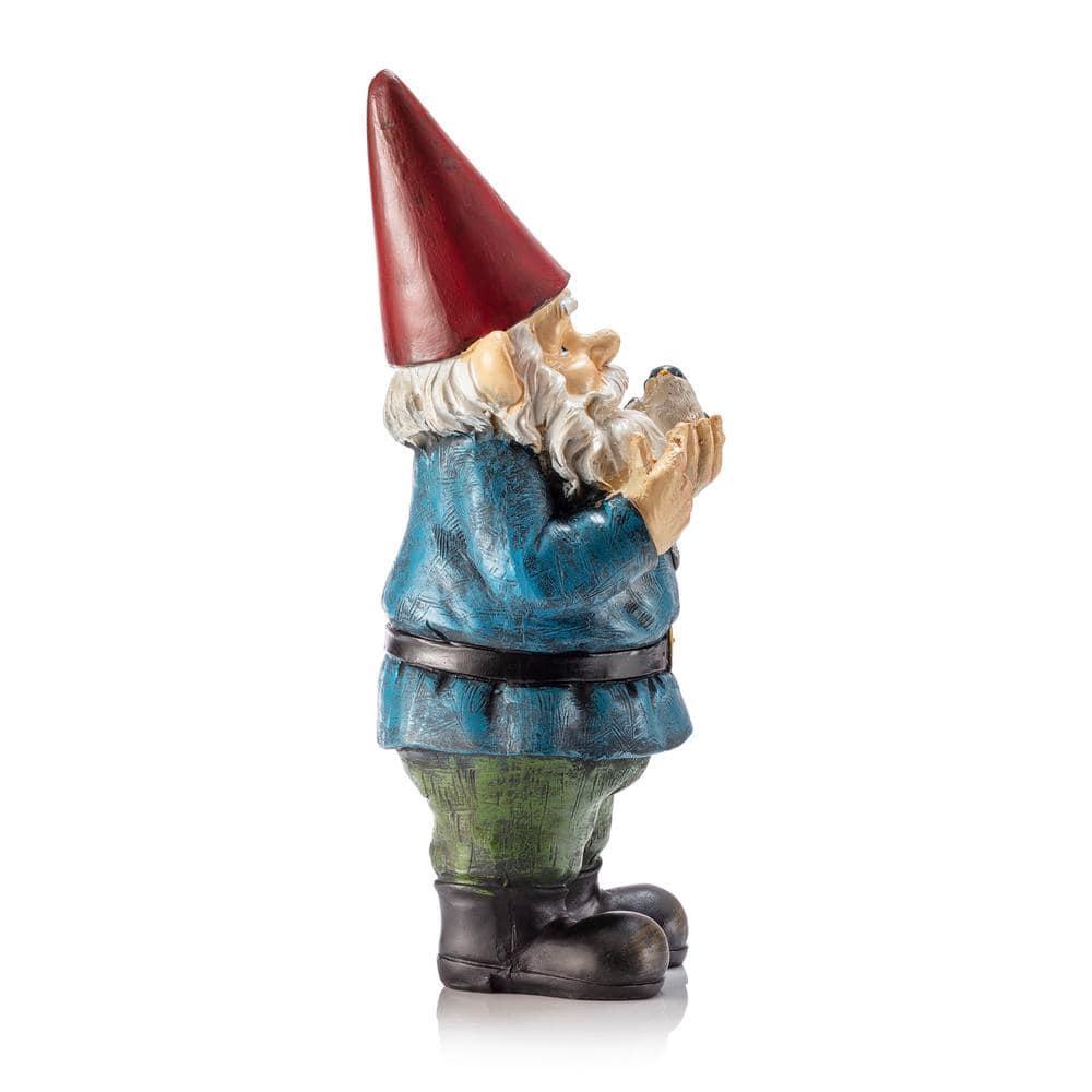 Alpine Corporation 12" Tall Outdoor Garden Gnome with Bird Yard Statue Decoration, Multicolor