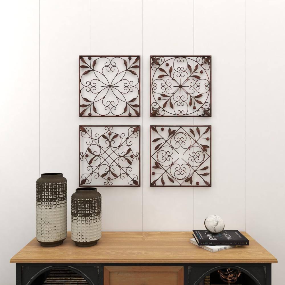 DecMode Rustic Brown Square Metal Wall Décor Set of 4 14"W x 14"H