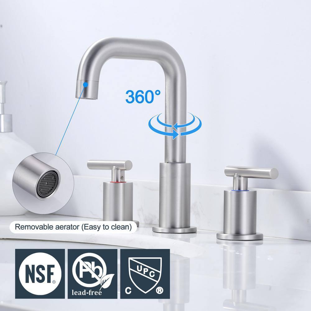 Wowow 8 in. Widespread Double Handle High Arc Bathroom Faucet with Pop-Up Drain Kit Included and Supply Lines in Brushed Nickel