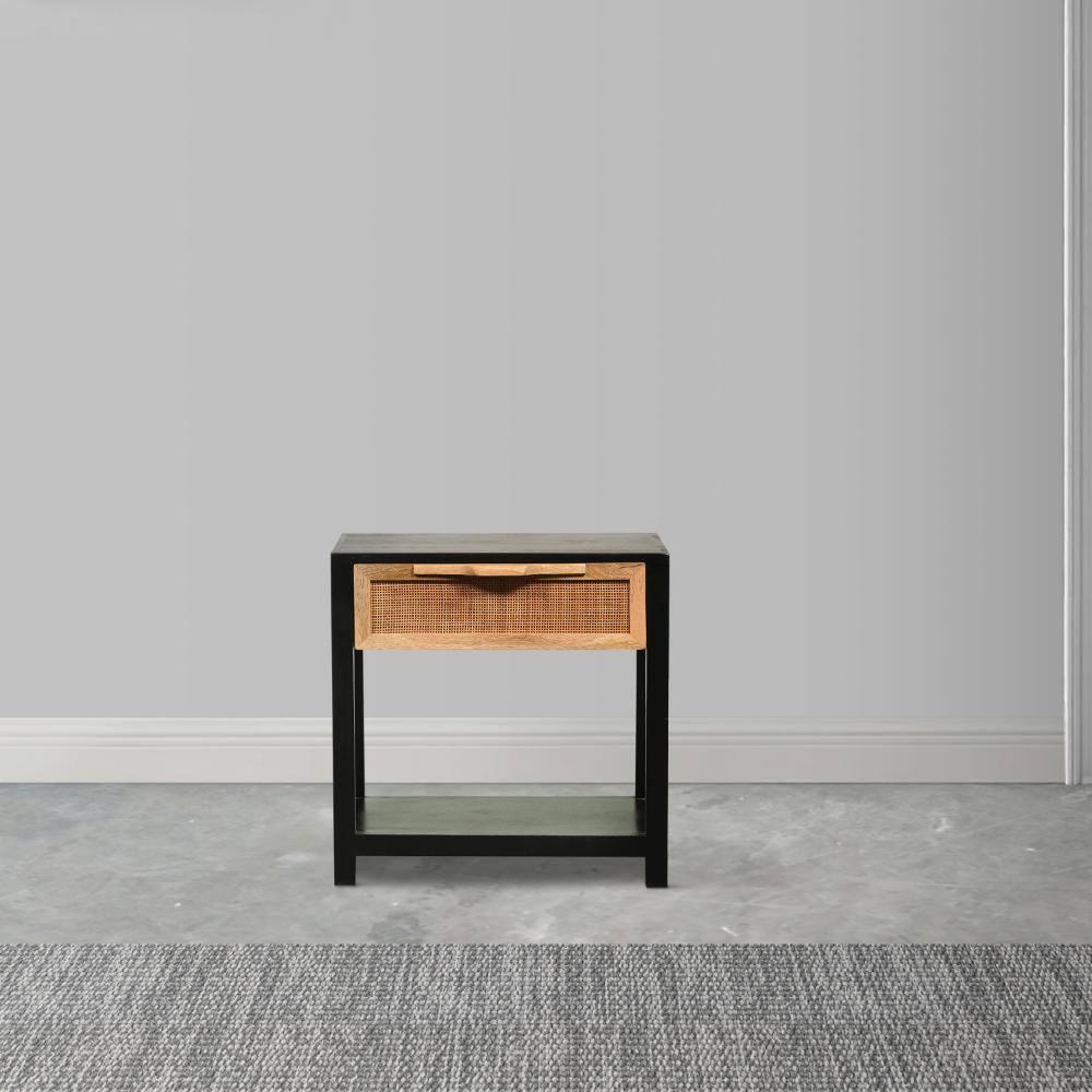 Benzara 22" Side Table with Rattan Front Drawer and Open Shelf Mango Wood Frame Black/Brown