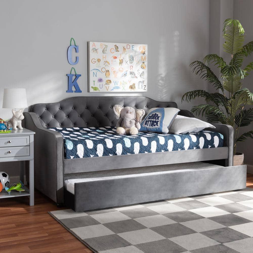 Twin Freda Velvet Fabric Upholstered Button Tufted Daybed with Trundle Gray - Baxton Studio: Mid-Century Modern, No Box Spring Required